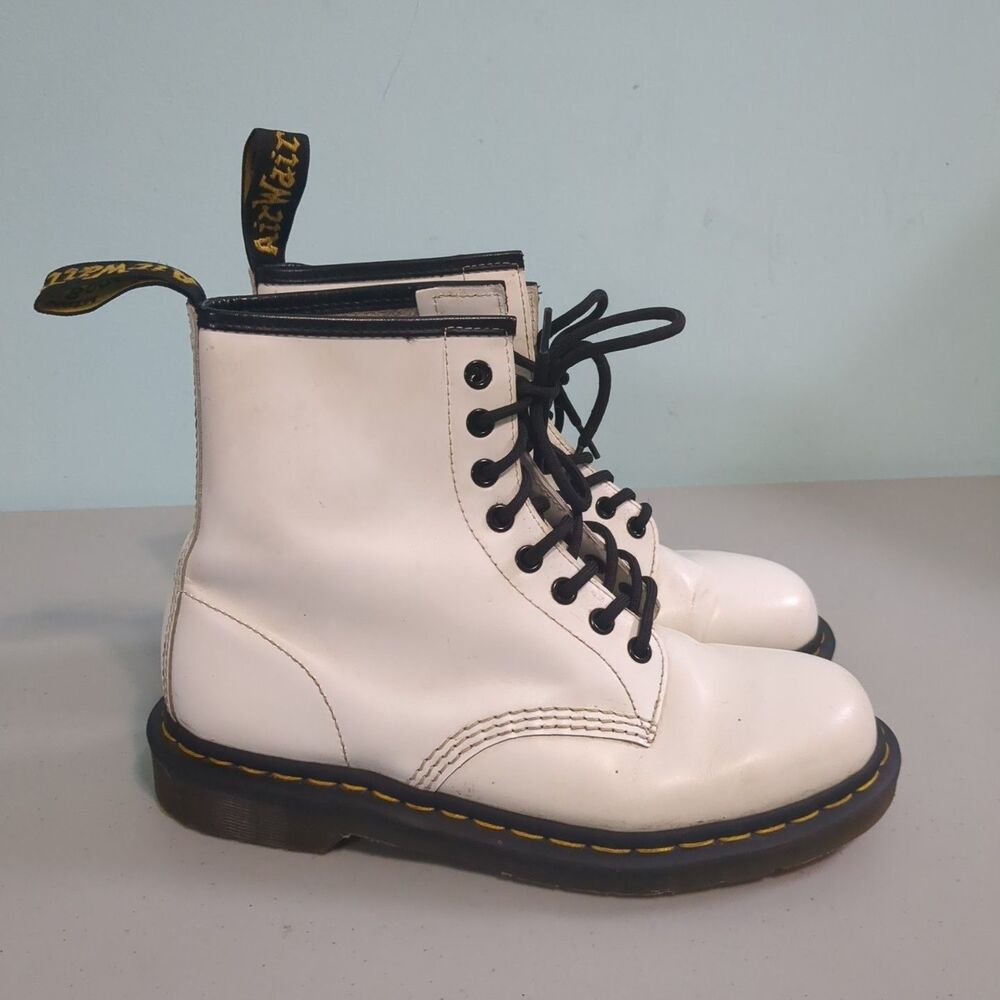 Dr. Martens 1460 Womens White Patent Leather Lace Up Combat Boots 8.5